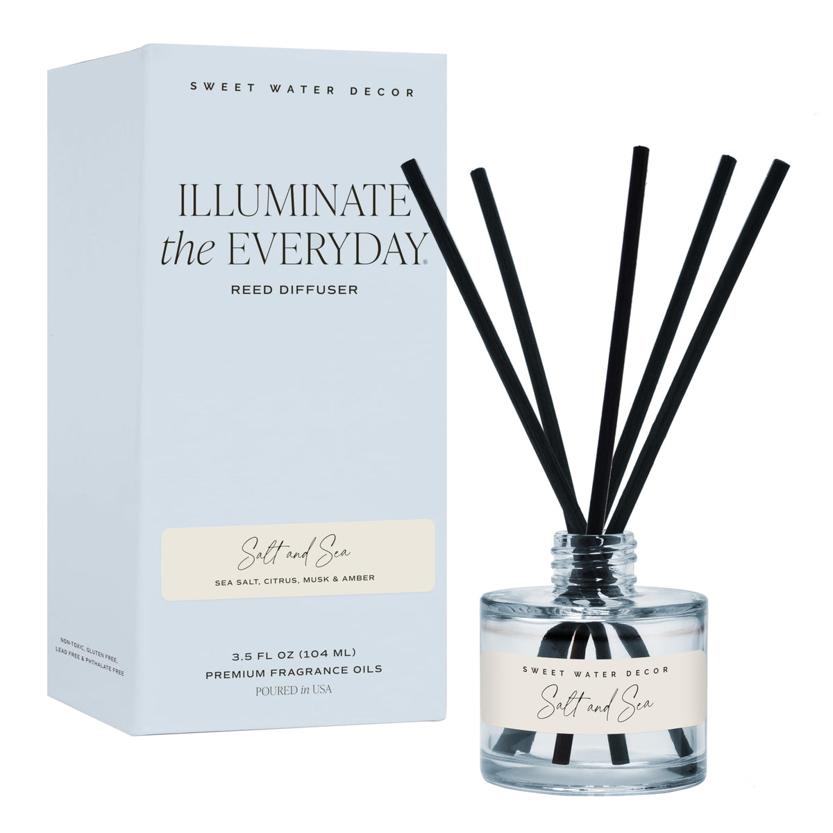 Sweet Water Decor Salt and Sea Reed Diffuser Set, Blue Tinted Glass Jar, Sea Salt Citrus and Musk Amber Scent, Long Lasting Fragrance, Non Toxic Oil Reed Diffuser for Home & Office, Poured in the USA