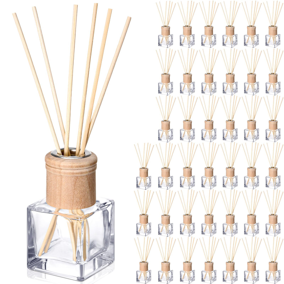 Roshtia 4 Set Reed Diffuser Bottles 50ml Glass Wooden Caps Rattan Sticks