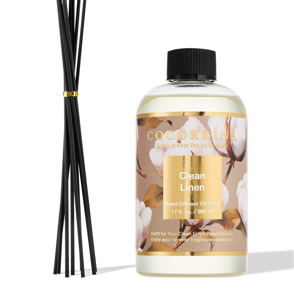 Cocorrína Reed Diffuser Refill Clean Linen 17oz (500ml) with 8 Rattan Sticks - Premium Long-Lasting Scented Oil, Home Fragrance for Bedroom, Bathroom Home Decor