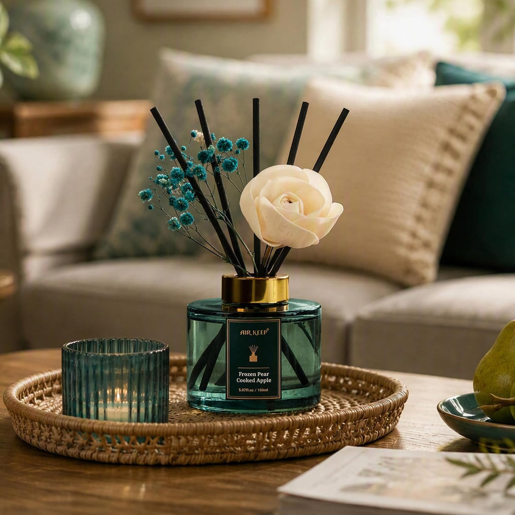 Airkeep Flower Reed Diffusers Set, 5.07 oz Pear/Apple/Berry Scented Oil Diffuser with 8 Reed Sticks, Home Fragrance Diffuser Gift Set for Bathroom & Office Decor 150ml