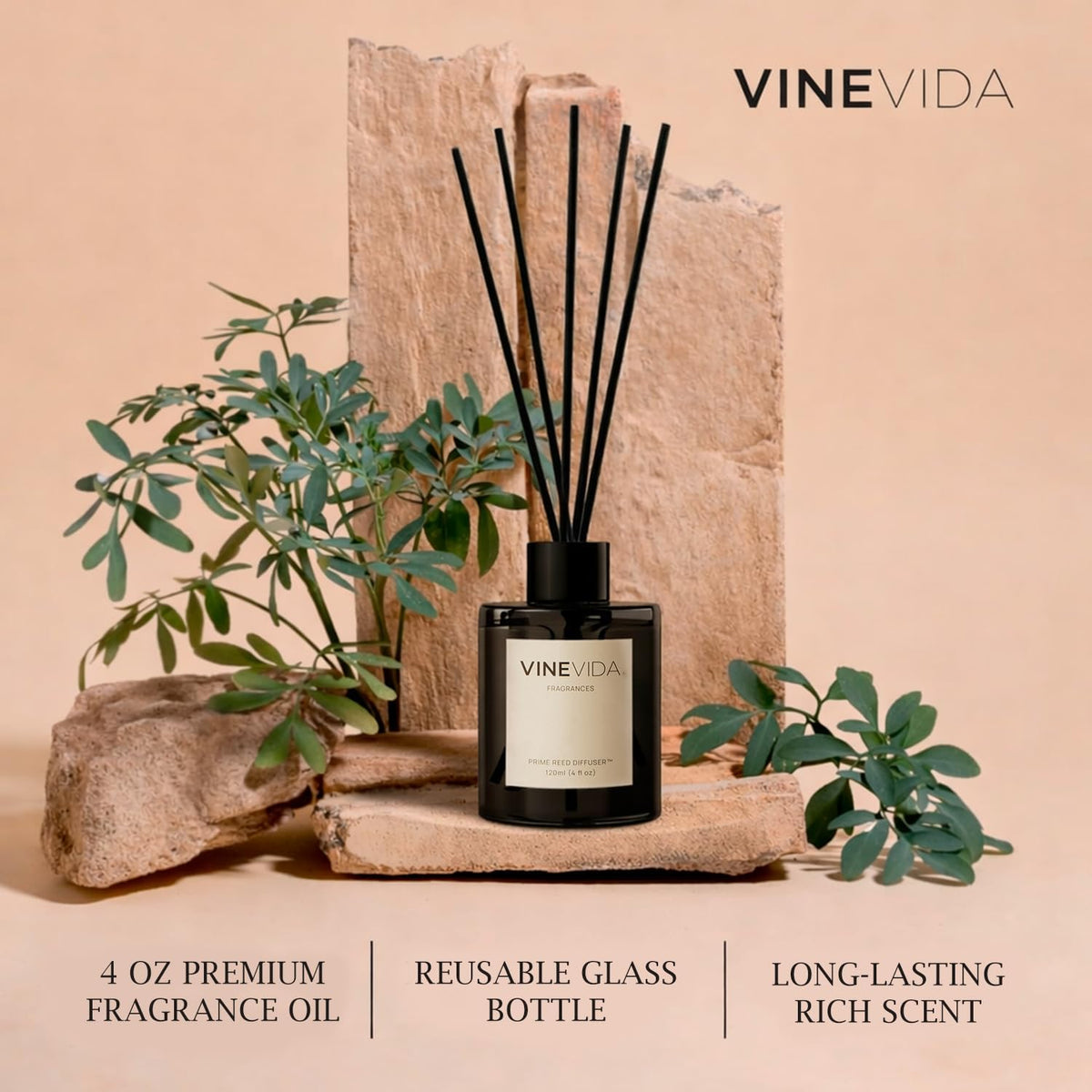 VINEVIDA | Leather & Brandy | Reed Diffuser for Home & Bathroom | Long-Lasting Scent Sticks Set | Oil Stick Diffuser | Bathroom Scent