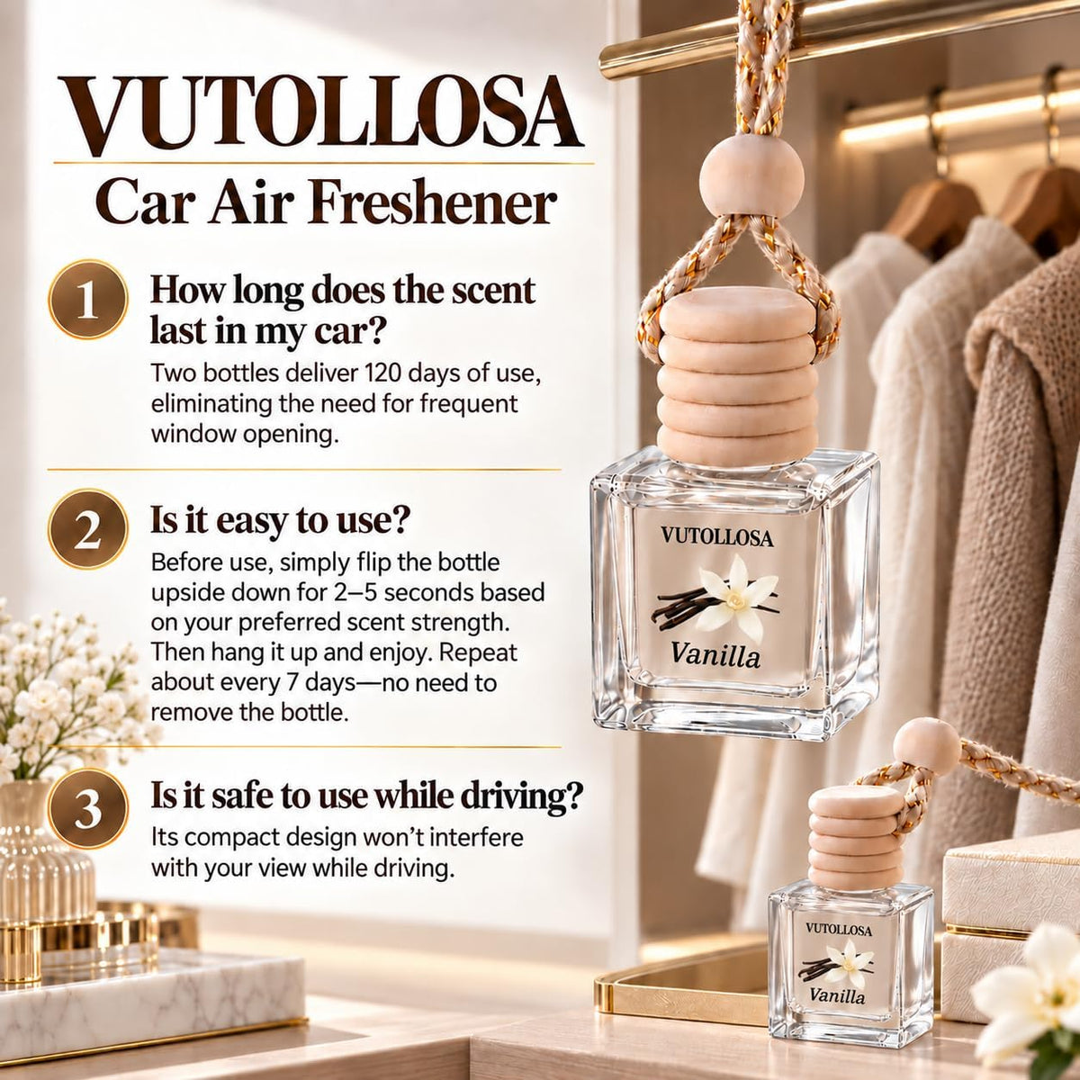 Car Air Freshener Hanging Vanilla 2 Pack,Essential Oils Diffuser Car Scents Decor Air Freshener,Long-Lasting Cute Car Accessories for Women & Men