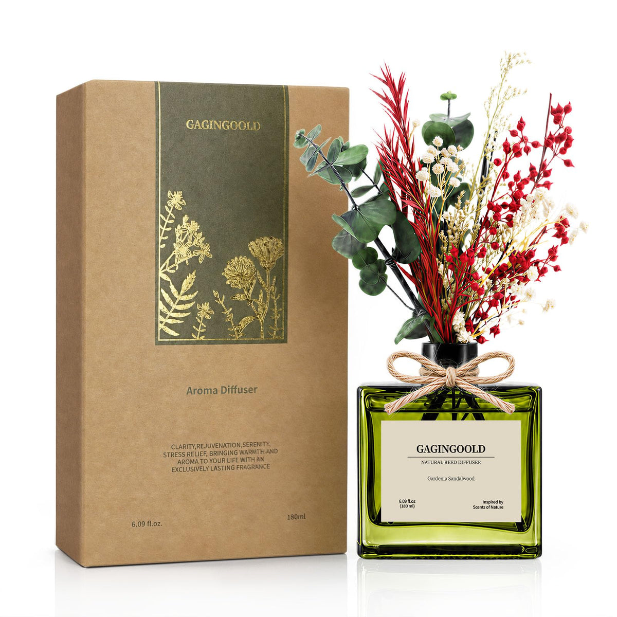 Reed Diffuser, 6.09 oz Earthy Sandalwood Scent Diffuser with Sticks & Dried Flowers, 120 Days Long Lasting diffusers for Home, Elegant Fragrance for Bathroom Bedroom Office Decor Air Fresh