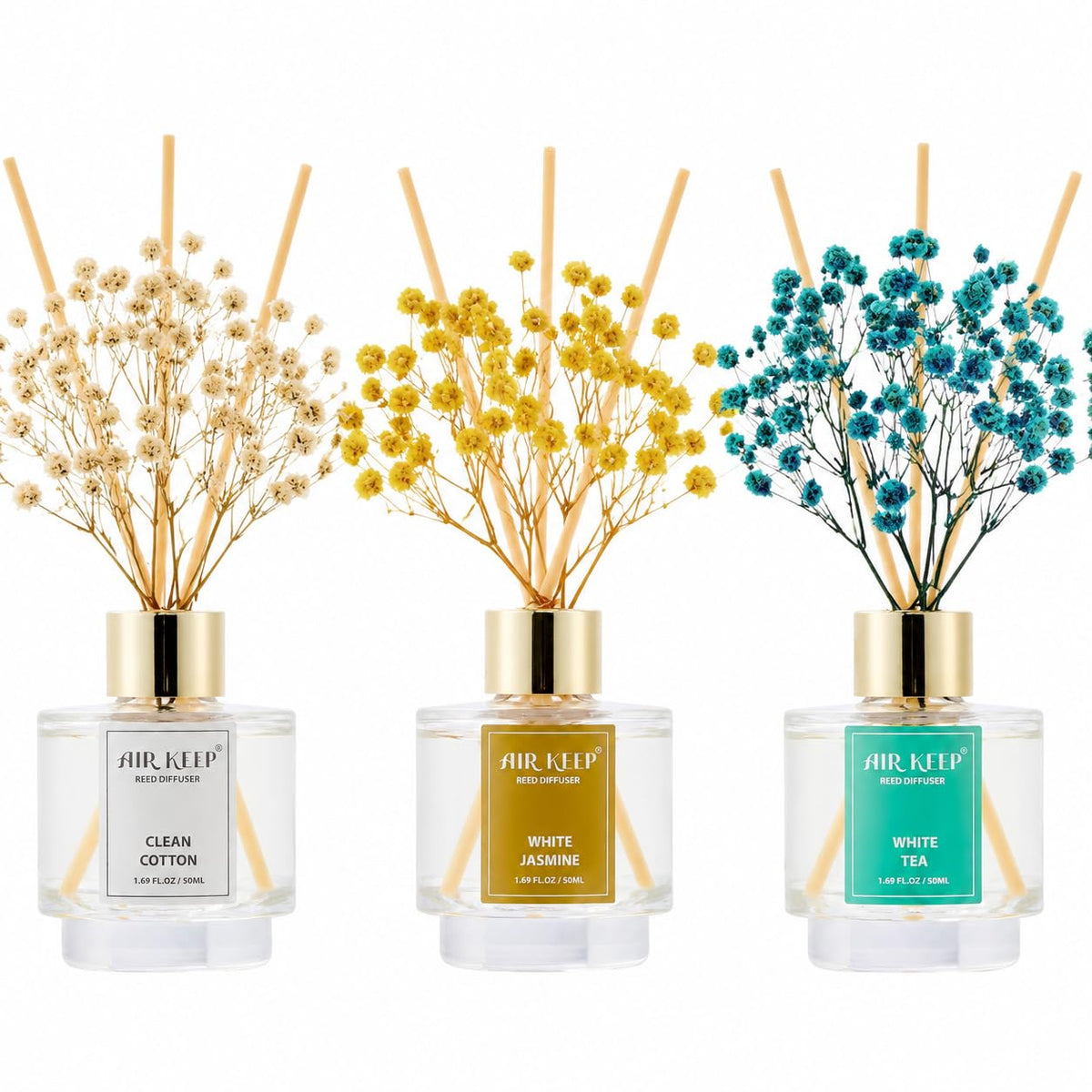 Airkeep Reed Diffuser Set of 3,Clean Linen Ocean Mist&Sea Salt Lavender Eucalyptus Oil Reed Diffusers for Bedroom Living Room Office Aromatherapy Oil Reed Diffuser for Gift 50ml x 3
