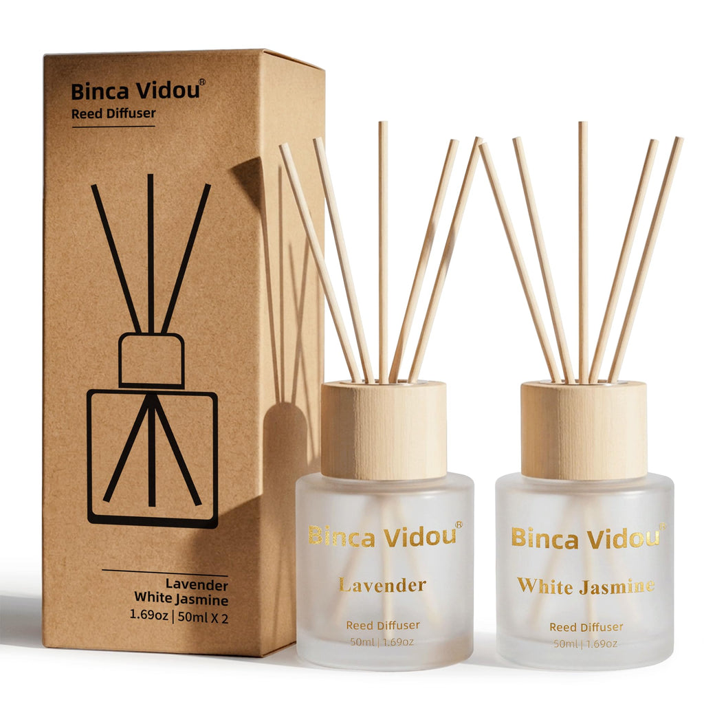 Reed Diffuser Set, Binca Vidou Lavender & Vanilla Natural Scent Oil Diffusers with Sticks for Home Office Bathroom Aromatherapy Decor 1.69oz x 2