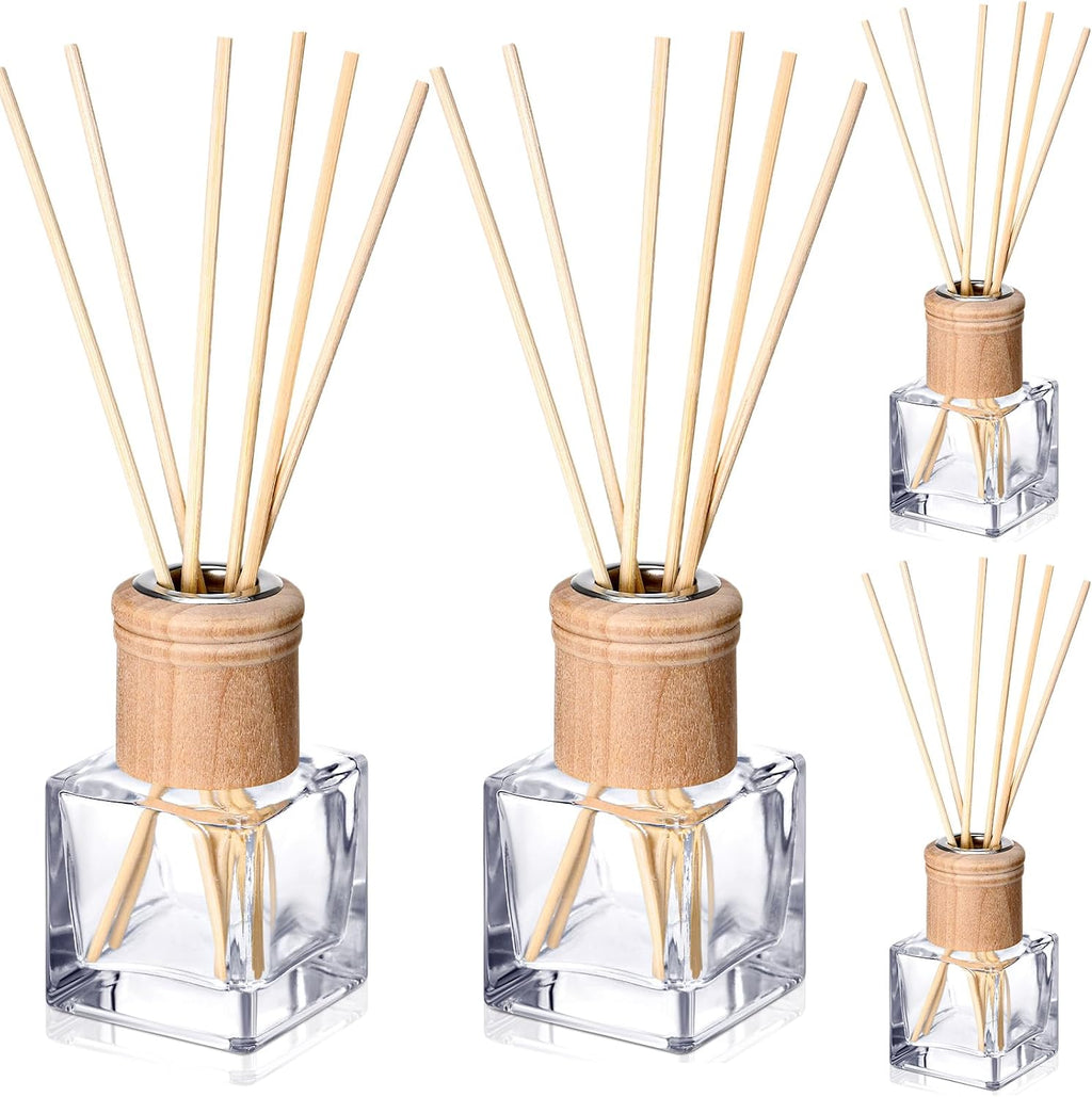 Roshtia 4 Set Reed Diffuser Bottles 50ml Glass Wooden Caps Rattan Sticks