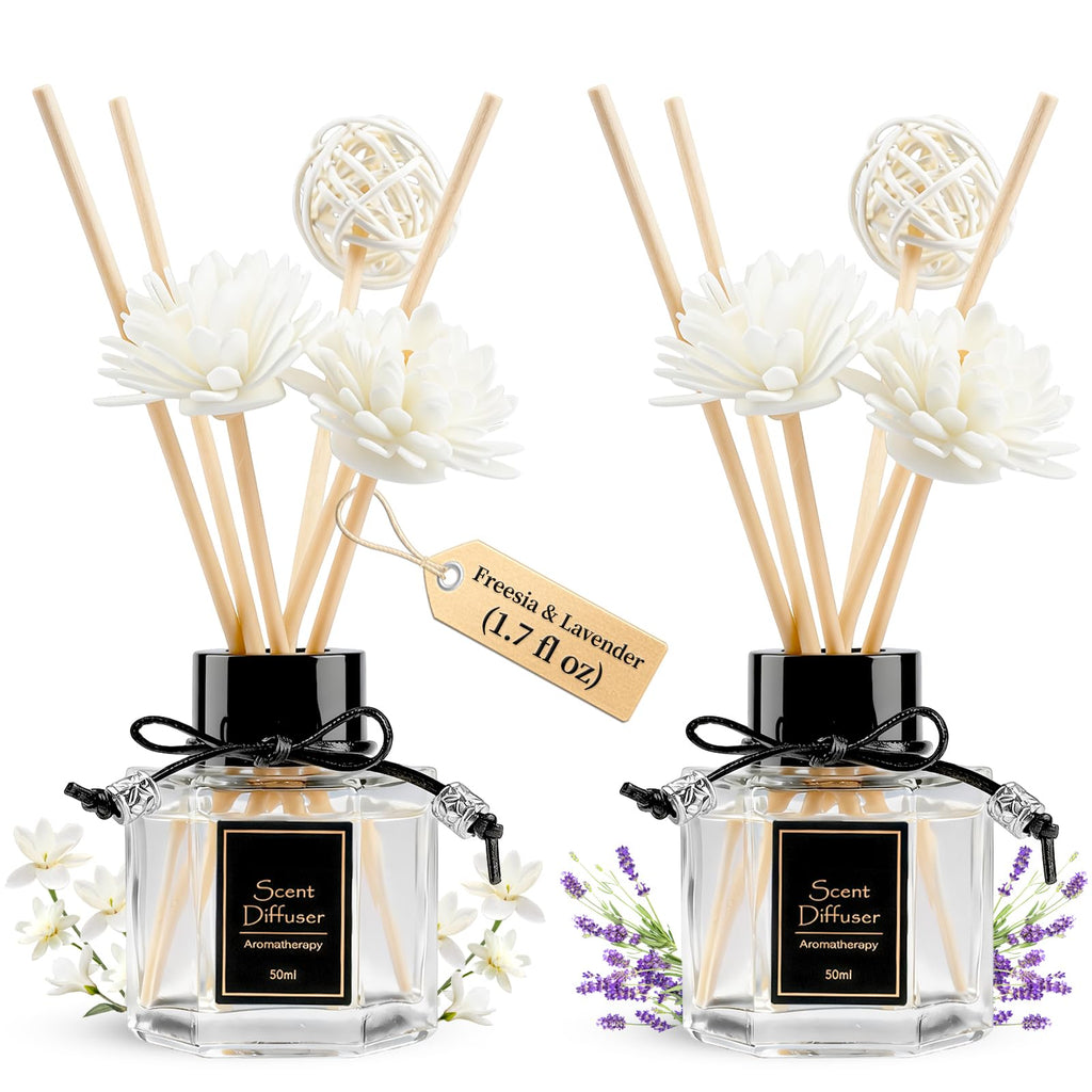 TonJin 2PCS Lavender Reed Diffuser Set 1.7 fl oz with 6 Scent Sticks, Calming Essential Oil Diffuser Sticks for Home, Relaxing Home Fragrance for Bedroom & Bathroom, Natural Non-Toxic Air Freshener