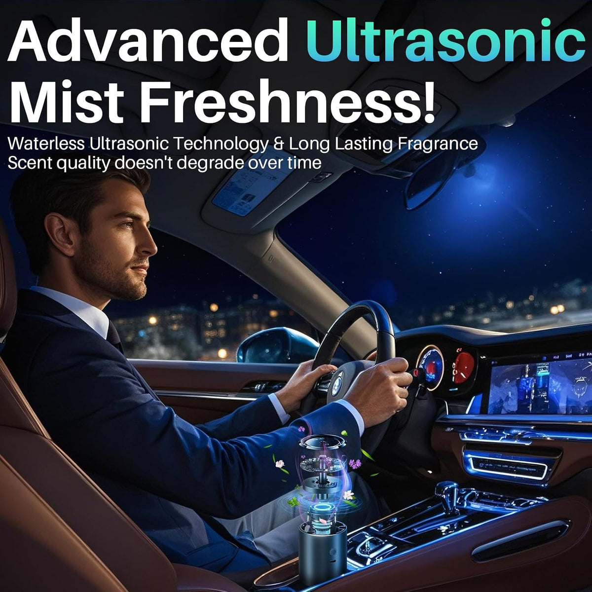 Smart Car Air Freshener Diffuser with 100ml Perfume, Rechargeable Car Fragrance Diffuser, 5 Adjustable Spray Modes, Auto On/Off, RGB Music Sync Light, Long Lasting Scent Up to 6 Months, Cologne Scent