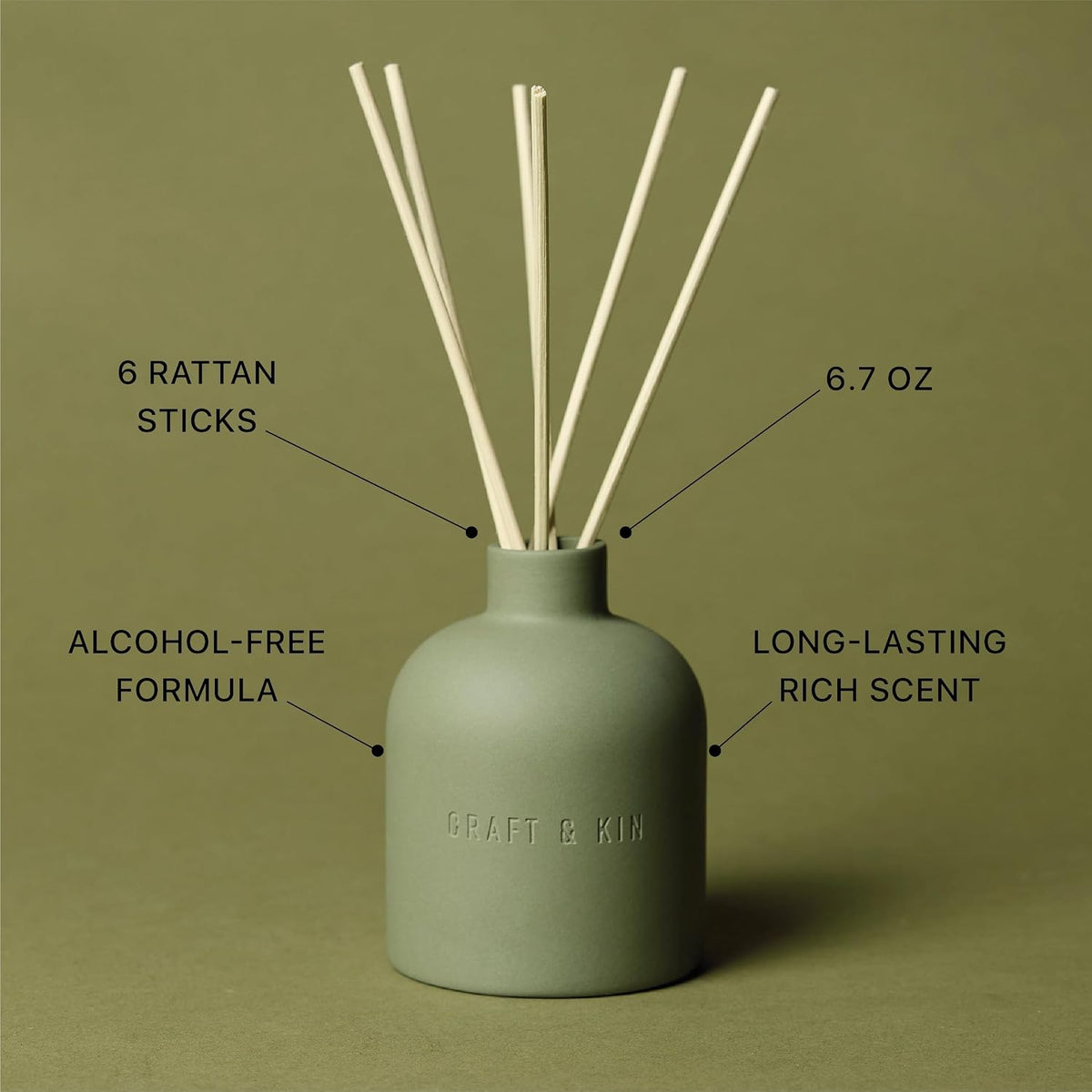 Craft & Kin White Birch & Cedar Reed Diffuser – Earthenware Collection, 6.7 oz – Alcohol-Free Essential Oil Diffuser for Home & Bathroom – Long-Lasting Fragrance Sticks – Ceramic Room Decor