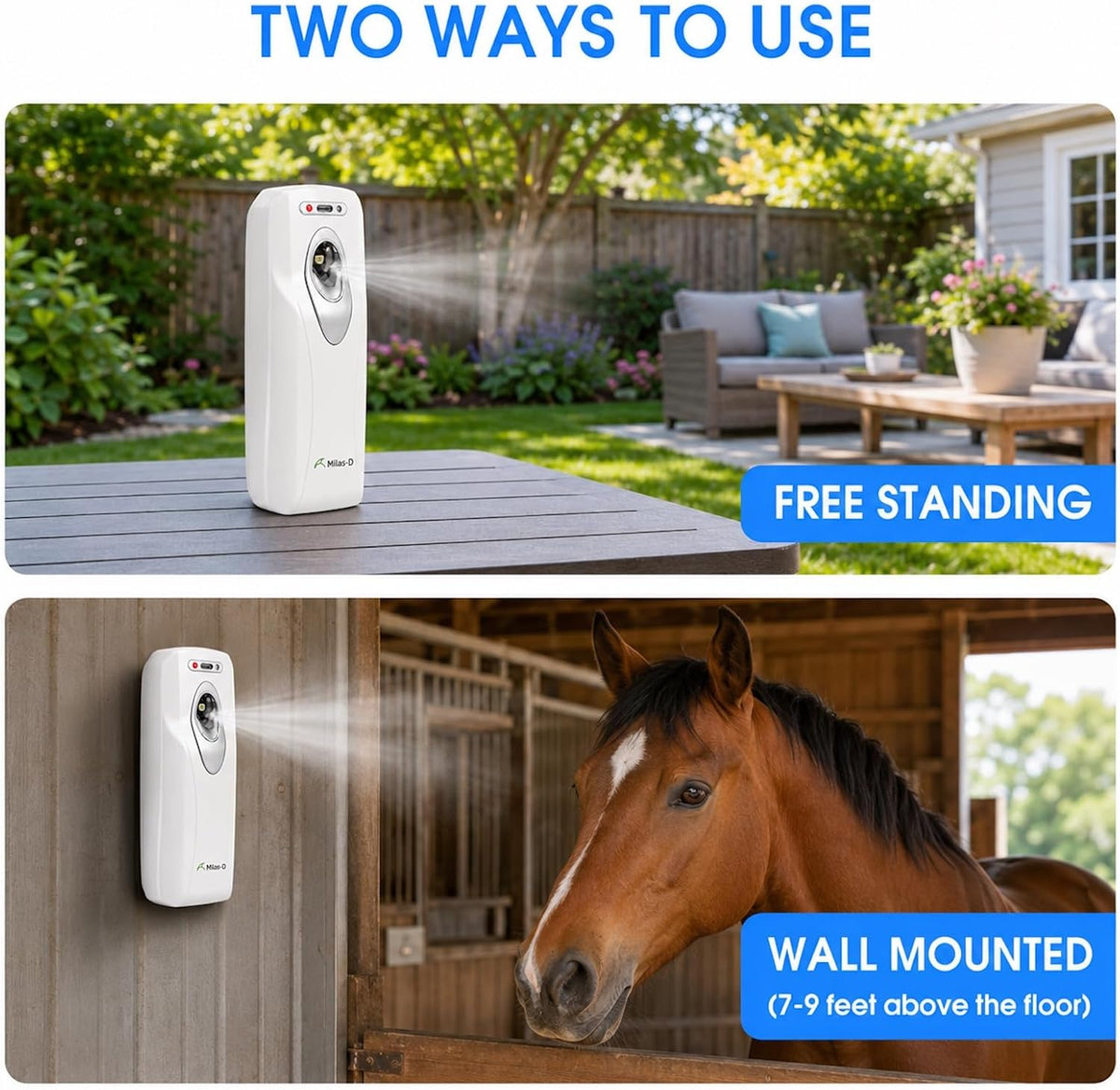 Automatic Air Freshener Spray Dispenser, Custom Timing (Day/Night/24H, 5/10/15/30 min interval), Wall Mounted/Free Standing, Home& Commercial, Glade& Airwick Refill Can, 2 D batteries, Milas-D