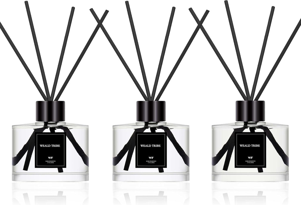 Reed Diffuser Set of 3 for Bathroom Air Fresheners, Oil Diffuser Sticks | Fresh Linen, Ocean, Eucalyptus & Mint Scent(1.7 fl oz Each Pack) Fragrance with 12 Sticks Defusers | Shelf Decor
