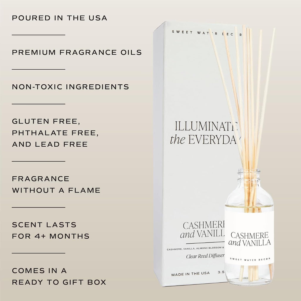 Sweet Water Decor Non-Toxic Cashmere and Vanilla Reed Diffuser Set, Cashmere, Sandalwood, Milky Coconut, Bourbon Vanilla Scented Diffuser for Home, Light Fragrance, Made in the USA, 3.5 FL OZ