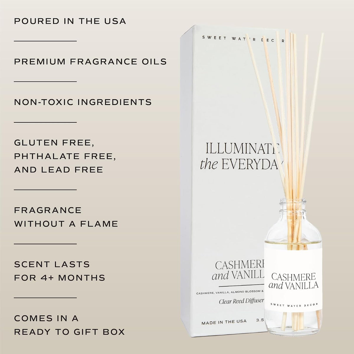 Sweet Water Decor Non-Toxic Cashmere and Vanilla Reed Diffuser Set, Cashmere, Sandalwood, Milky Coconut, Bourbon Vanilla Scented Diffuser for Home, Light Fragrance, Made in the USA, 3.5 FL OZ