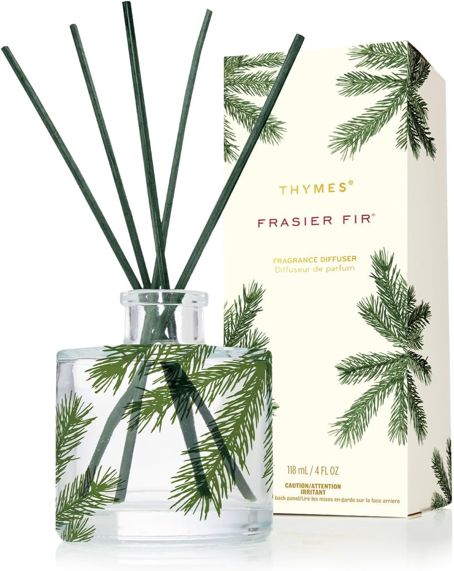 Thymes Frasier Fir Reed Diffuser Set – Includes Reeds, Fragrance Oil, and Frosted Glass Bottle – Fragrance Oil Diffuser – Room Fresheners – Luxury Home Decor – Green & Clear (Pine Needle, 4 fl oz)