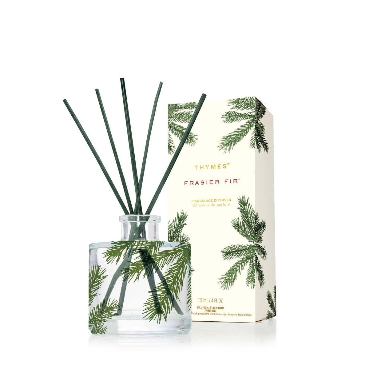 Thymes Frasier Fir Reed Diffuser Set – Includes Reeds, Fragrance Oil, and Frosted Glass Bottle – Fragrance Oil Diffuser – Room Fresheners – Luxury Home Decor – Green & Clear (Pine Needle, 4 fl oz)