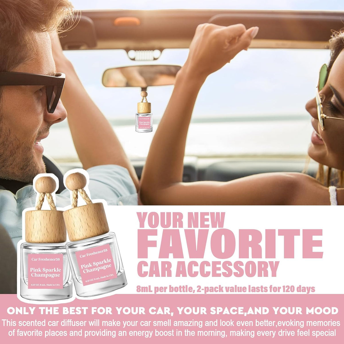 HoogaLife Car Air Freshener Diffuser 2 Pack Hanging Air Freshener Diffuser - Pink Sparkle Champagne Fragrance Oil Air Diffuse r for Car, 45+ Days Long Lasting Fragrance Made in USA (P38)