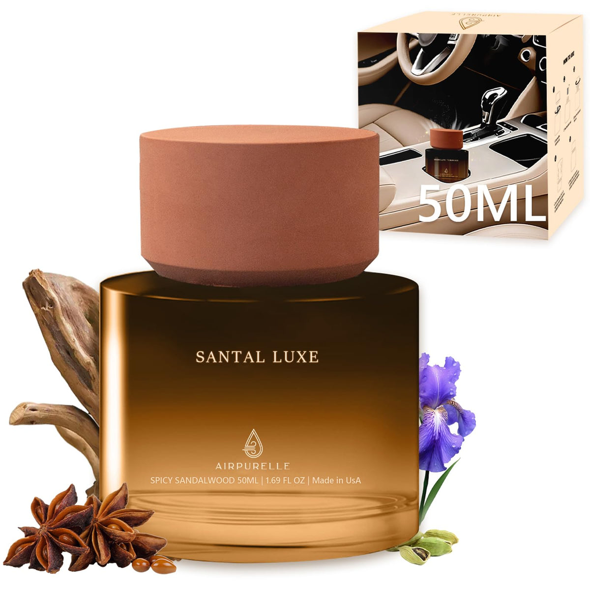 Car Air Freshener 50ML (1.7 FL OZ) Car Air Fresheners Perfume - Mahogany Teakwood Fragrance Oil Air Diffuser for Car, 180+ days Long Lasting Fragrance, Wooden Cup Design Car Fresheners, Made in USA