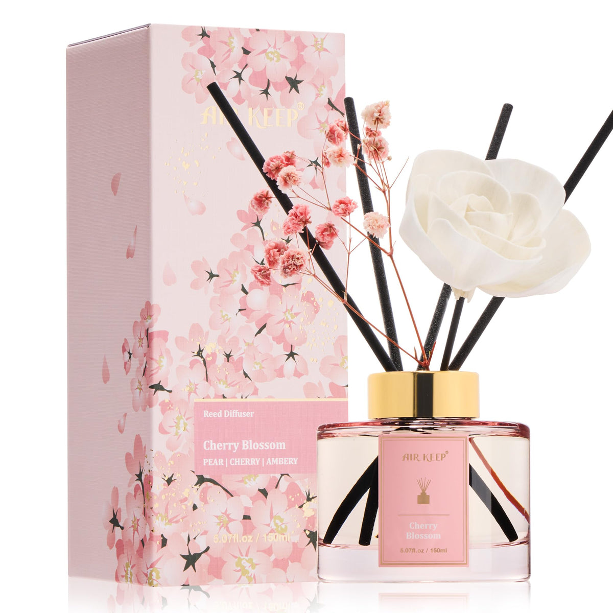 Airkeep Flower Reed Diffusers Set, 5.07 oz Pear/Apple/Berry Scented Oil Diffuser with 8 Reed Sticks, Home Fragrance Diffuser Gift Set for Bathroom & Office Decor 150ml