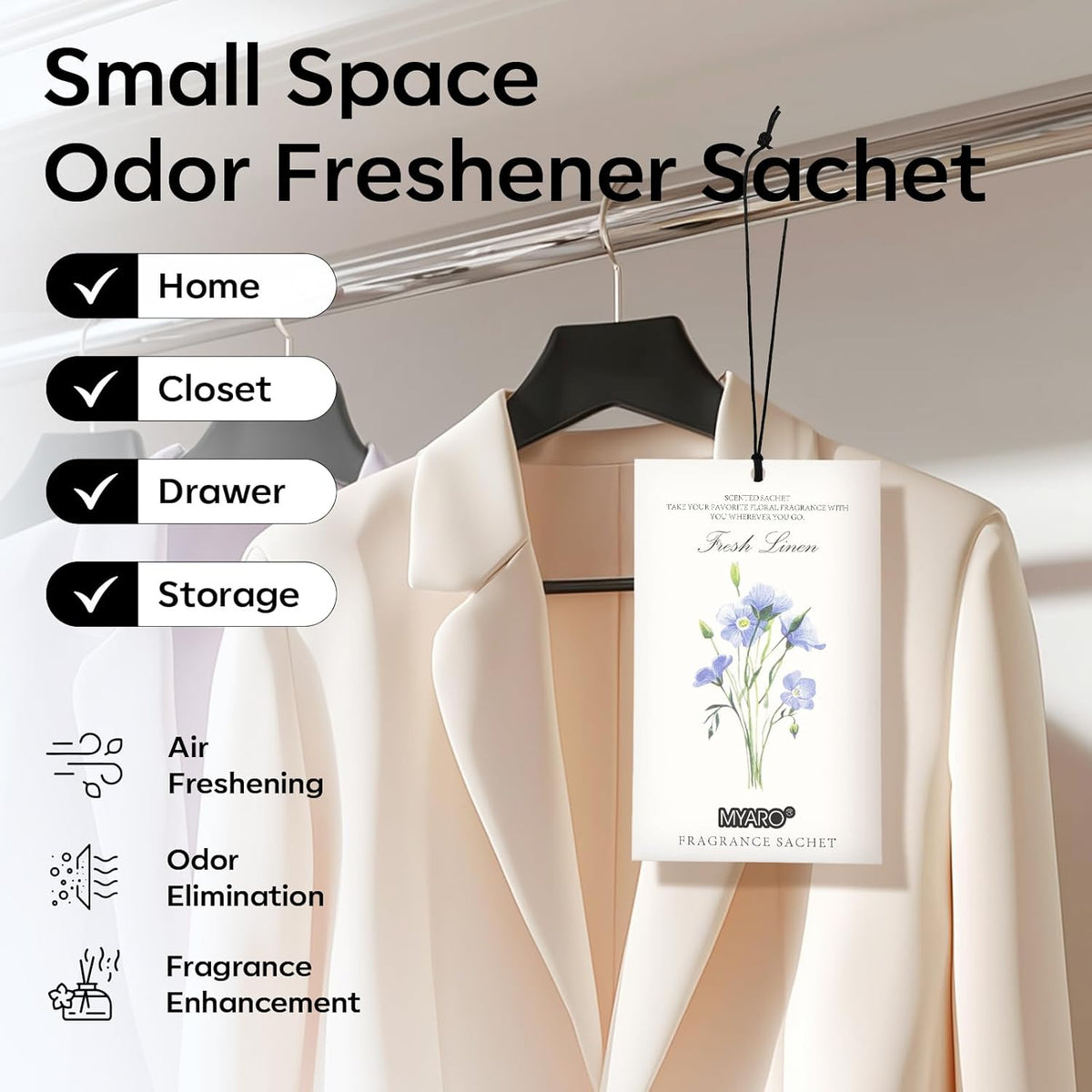 MYARO 12 Pack Fresh Linen Scented Sachets, Closet Deodorizer Car Freshener