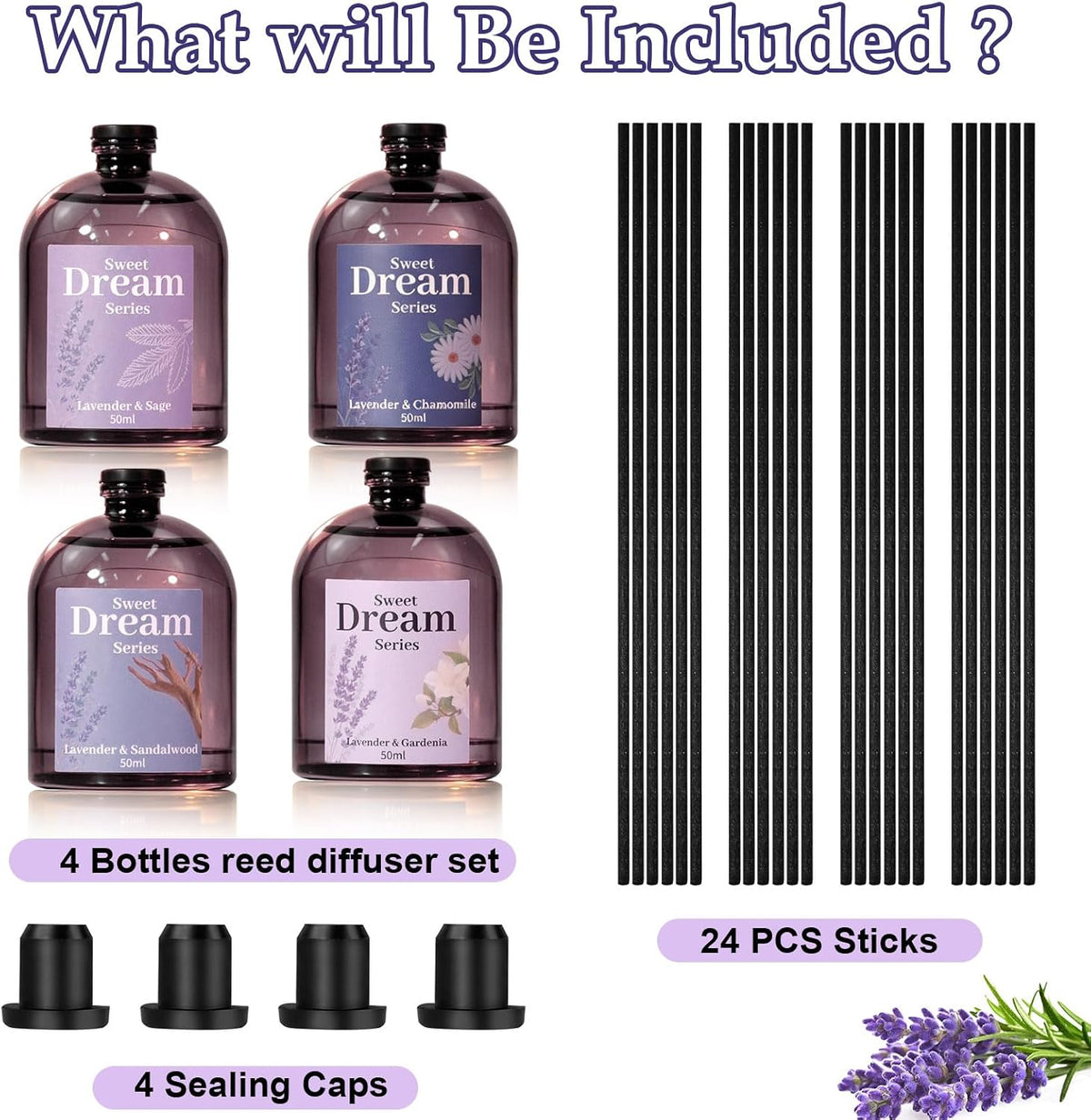 STRN Reed Diffuser Set, Lavender Essential Oil Reed Diffuser 4 x 50ml