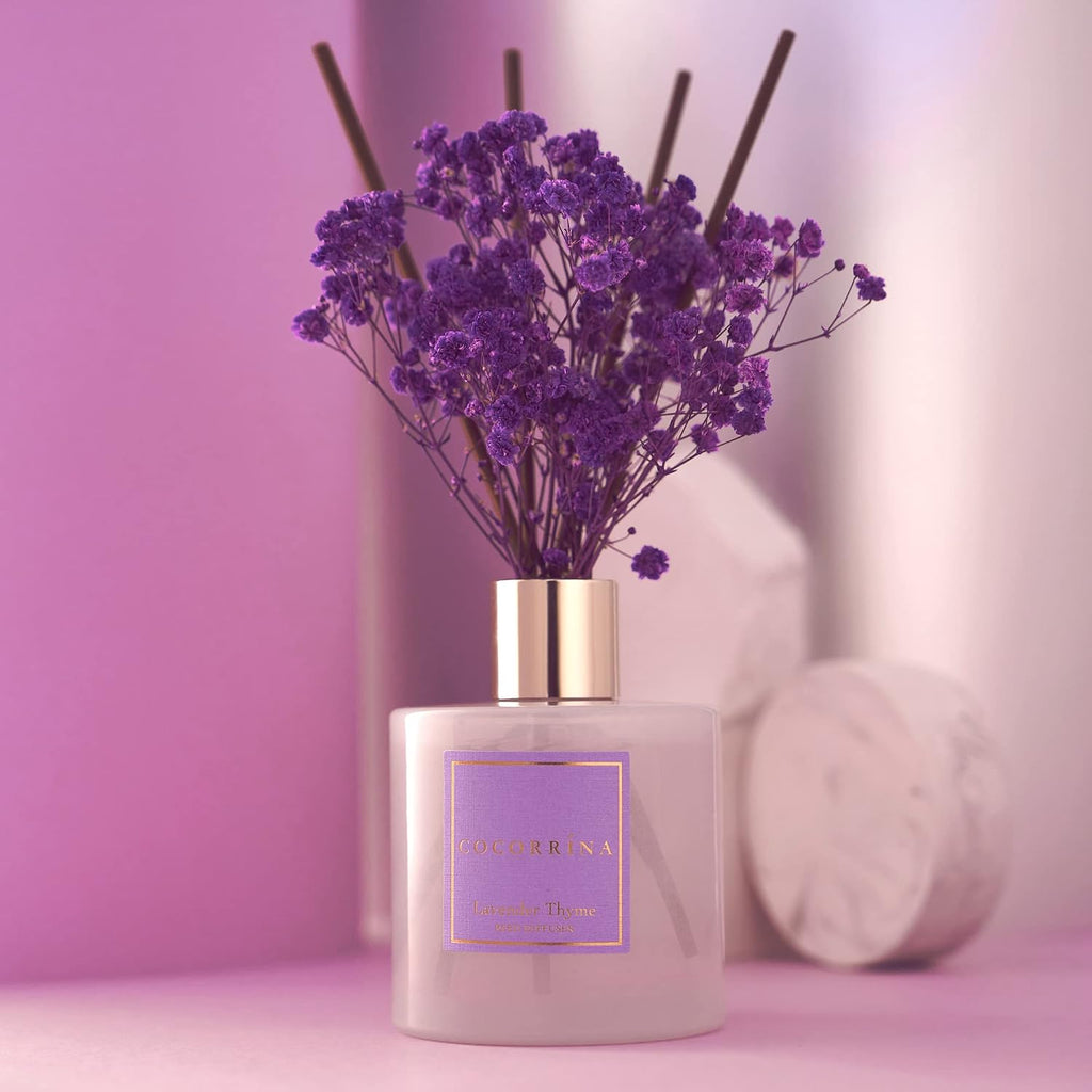 Cocorrína Premium Reed Diffuser Set with Preserved Baby's Breath & Cotton Stick Lavender Thyme | 6.76 Fl.oz Scent Diffuser for Bedroom Bathroom Home Décor