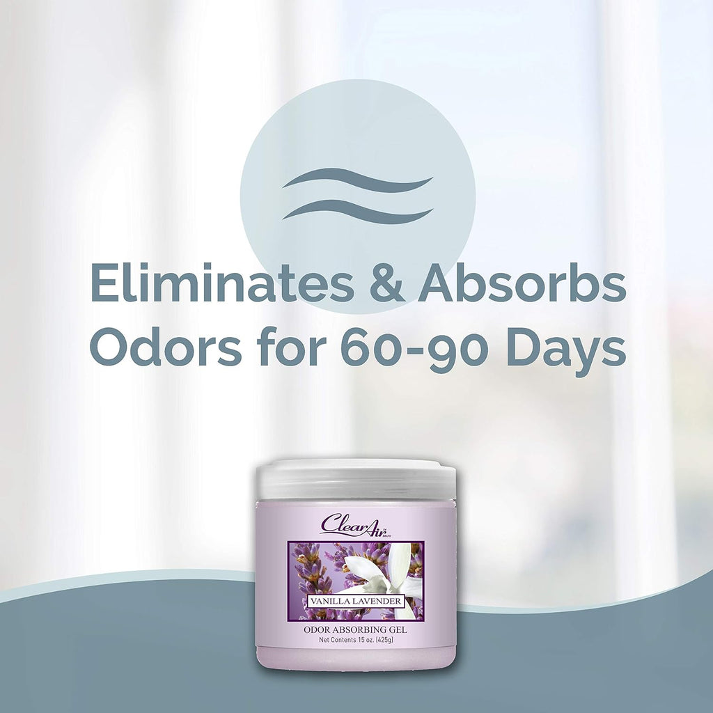 Clear Air 15oz Gel Odor Eliminator - Absorb & Remove Strong Odors from Pets, in Bathrooms, Basements, Garage, Cars, RVs & Boats - Eliminate Tough Odors with Essential Oils (Vanilla Lavender, 2-Pack)