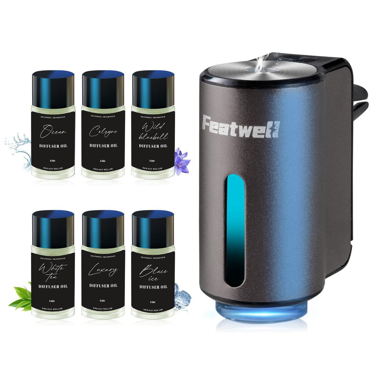 Featwell Car Air Freshener, Three Adjustable Modes Intelligent Car Aroma Diffuser, Rechargeable Car Aroma Diffuser, Black