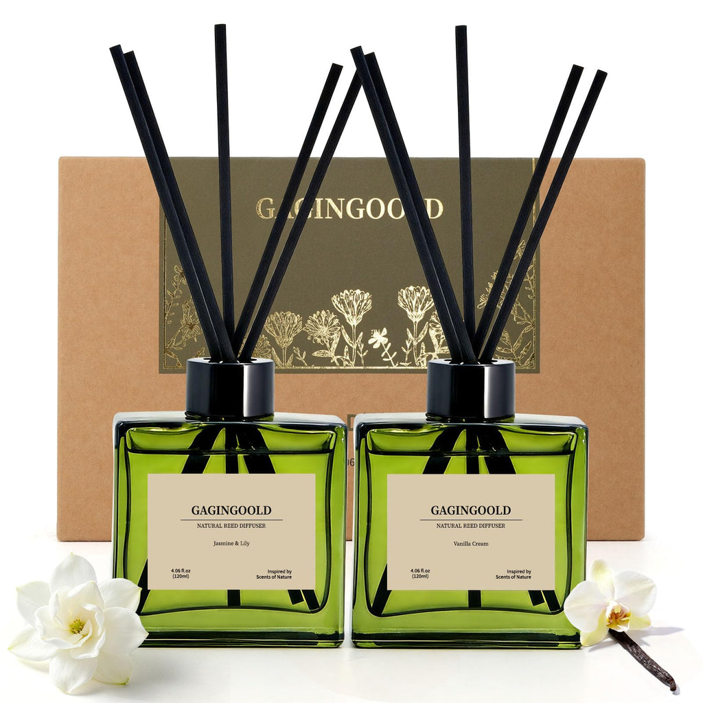 Reed Diffuser Set, 4 fl oz Jasmine Lily 2 Pack Scent Diffuser with 20 Sticks, 180 Days Long Lasting Elegant Home Fragrance for Bathroom Bedroom Office Decor Air Fresh