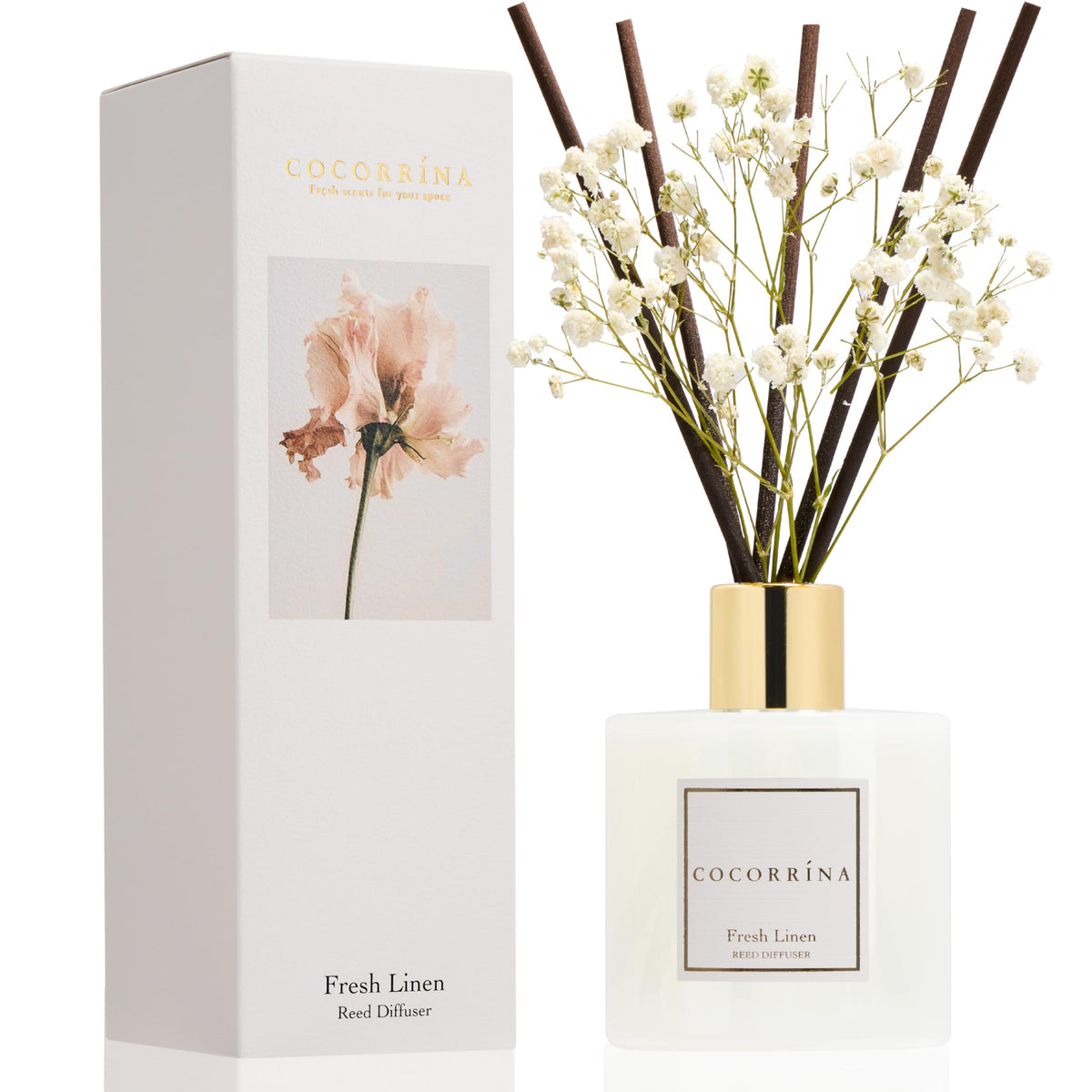 Cocorrína Reed Diffuser Set, Clean Linen 6.7 fl oz Scented Diffuser with Sticks Home Fragrance Reed Diffuser for Bathroom Shelf Décor