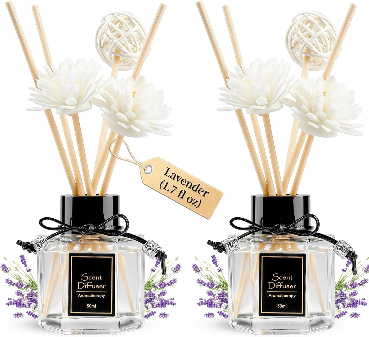 TonJin 2PCS Lavender Reed Diffuser Set 1.7 fl oz with 6 Scent Sticks, Calming Essential Oil Diffuser Sticks for Home, Relaxing Home Fragrance for Bedroom & Bathroom, Natural Non-Toxic Air Freshener