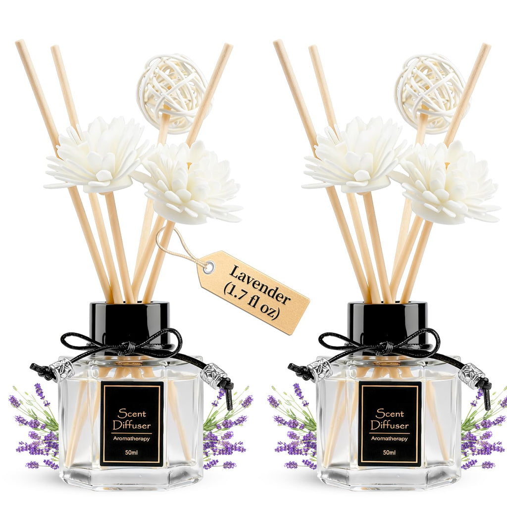 TonJin 2PCS Lavender Reed Diffuser Set 1.7 fl oz with 6 Scent Sticks, Calming Essential Oil Diffuser Sticks for Home, Relaxing Home Fragrance for Bedroom & Bathroom, Natural Non-Toxic Air Freshener