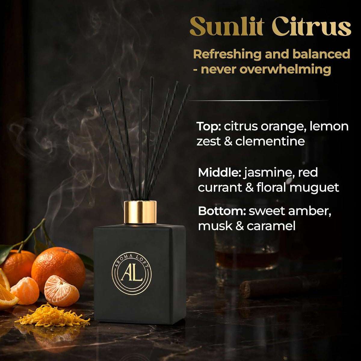 Black Reed Diffusers for Home | Premium Fragrance Diffuser | Reed Diffuser Sticks in Oil Set with Sunlit Citrus Scent | Smell Good Stuff | Long-Lasting Oil for Bathroom & Office (5 oz)