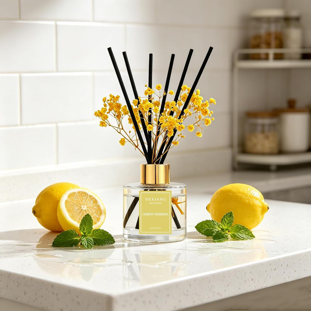 Reed Diffuser Set,3.38 fl oz (100 ml) - Lemon Verbena Oil Diffusers with 6 Reed Sticks for Bathroom Shelf Decor