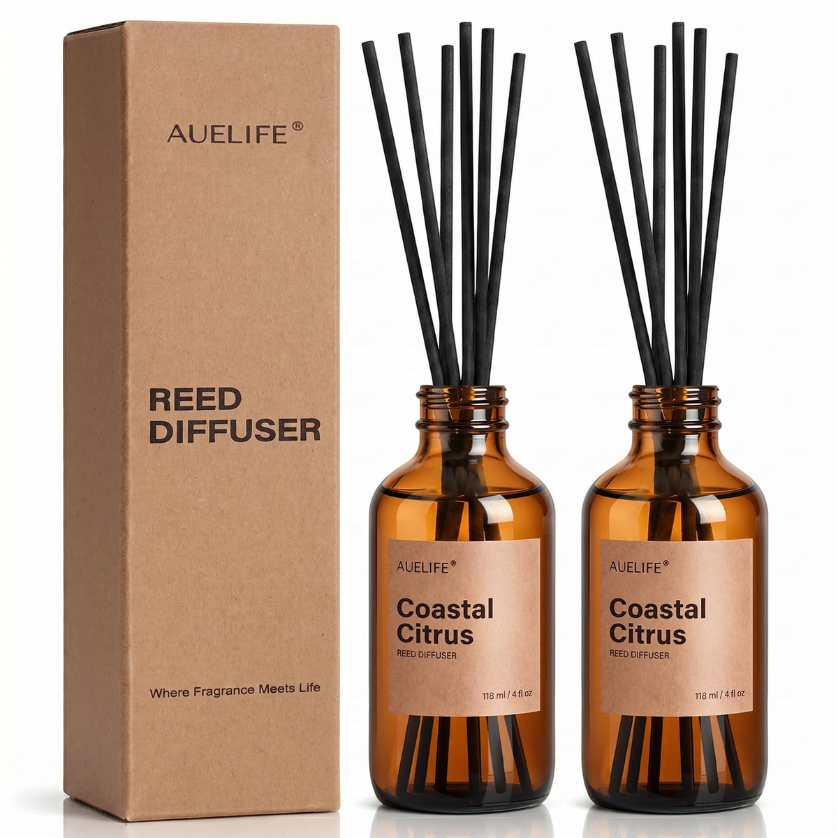 Auelife Reed Diffuser for Home, Coastal Citrus Scent Diffuser 2 Pack 8Fl Oz