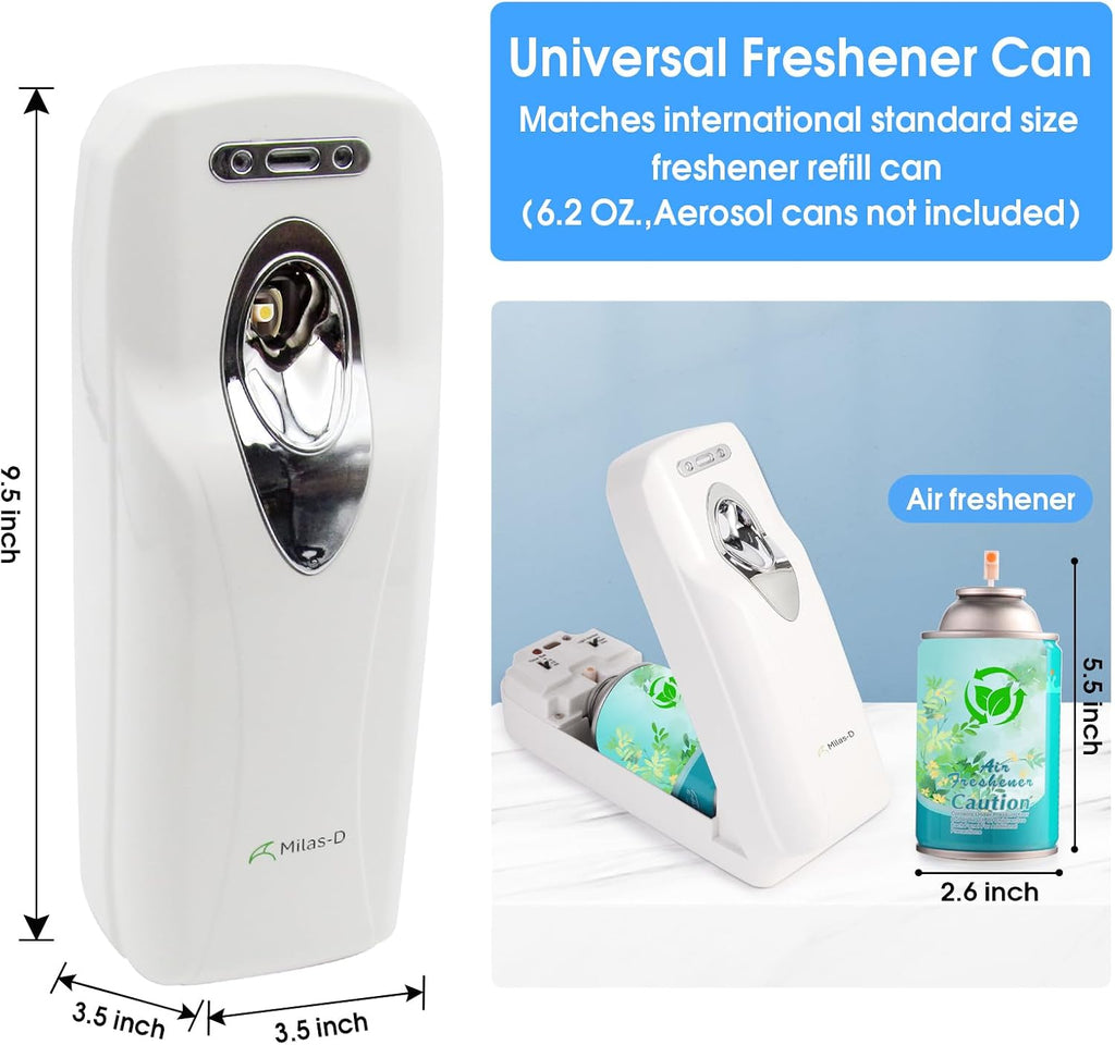 Automatic Air Freshener Spray Dispenser, Custom Timing (Day/Night/24H, 5/10/15/30 min interval), Wall Mounted/Free Standing, Home& Commercial, Glade& Airwick Refill Can, 2 D batteries, Milas-D