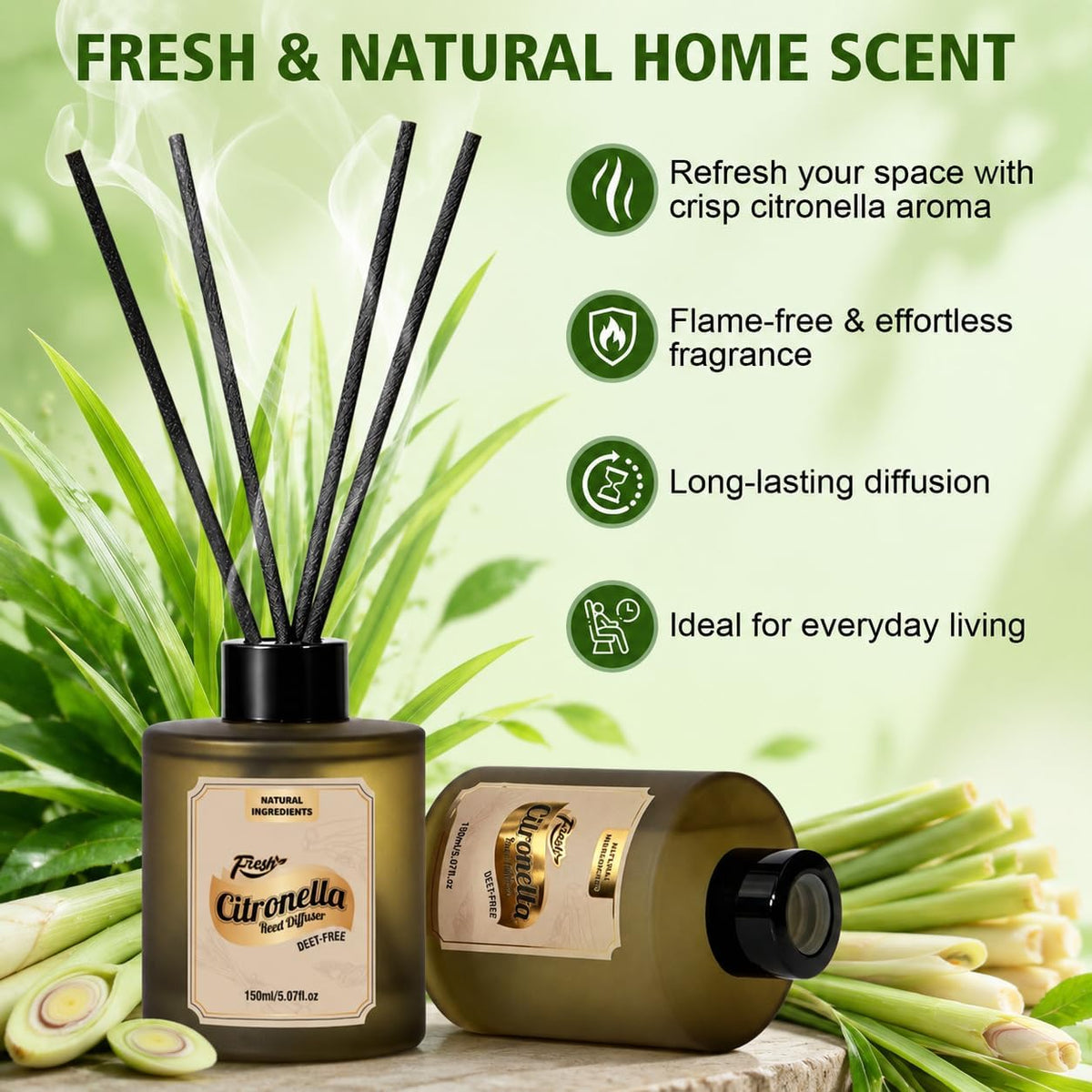 SCENTORINI Lemongrass Reed Diffuser Set with 12 Sticks for Summer, 10 oz