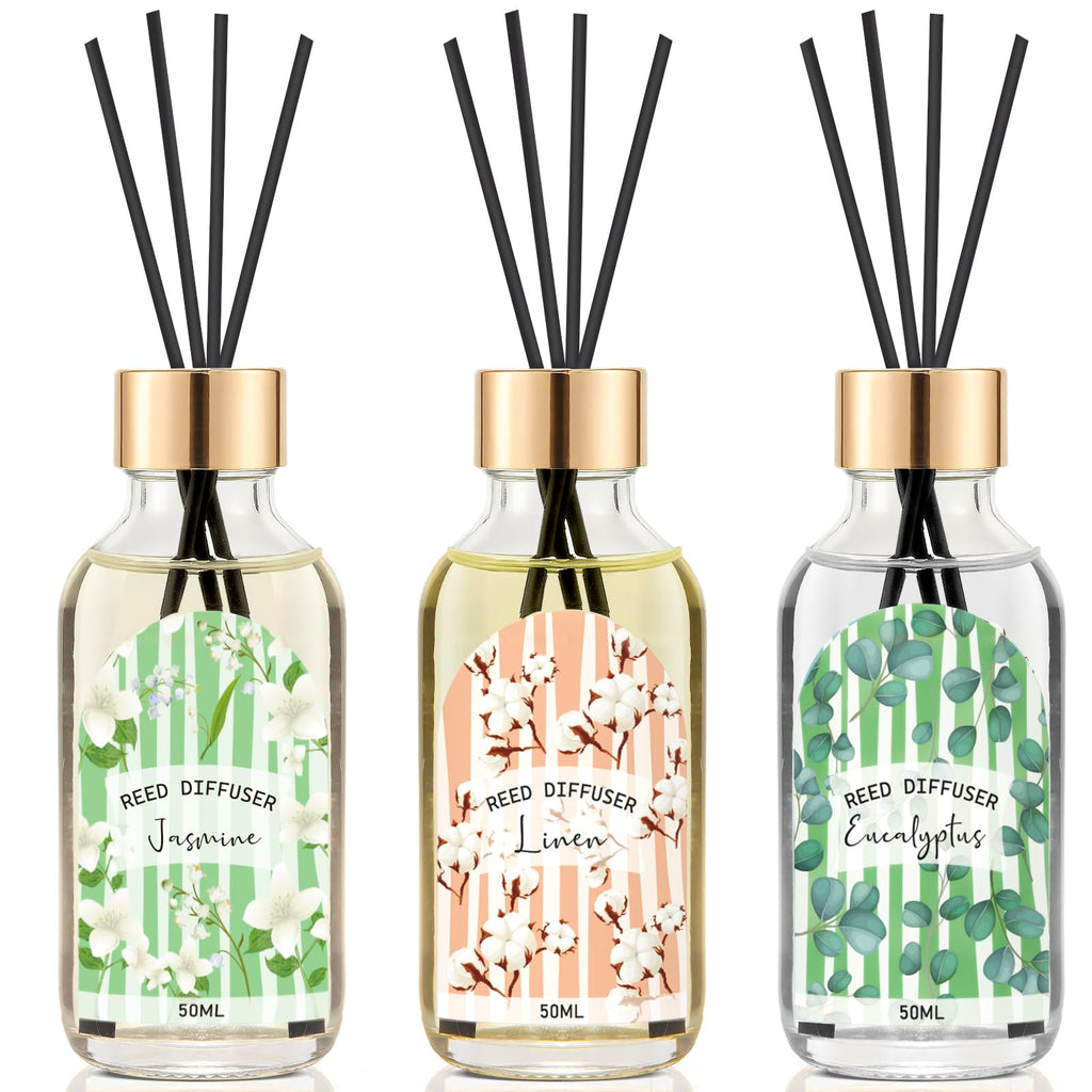 Reed Diffuser Set of 3 Pack, Linen Vanilla Citrus Scented Oil Diffuser with 15 Sticks, Reed Diffusers for Home, Bathroom Air Freshener, 1.7 Fl.oz Each, Total 5.1 Oz