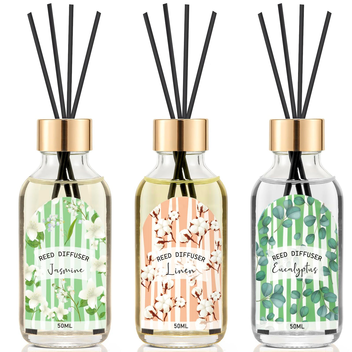 Reed Diffuser Set of 3 Pack, Linen Vanilla Citrus Scented Oil Diffuser with 15 Sticks, Reed Diffusers for Home, Bathroom Air Freshener, 1.7 Fl.oz Each, Total 5.1 Oz