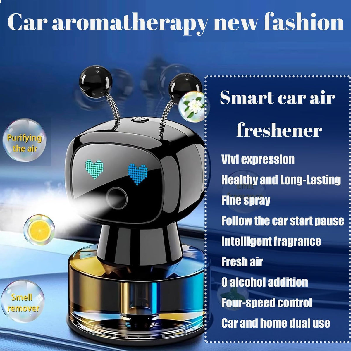 Robot Intelligent Aromatherapy Machine, Smart Cute Robot Car Air Freshener - Fine Spray/Fillable/Four-Gear Adjustment/Vibration Sensing/On-Off/Large Capacity Long-Lasting Fragrance/Black-V2(Cologne)