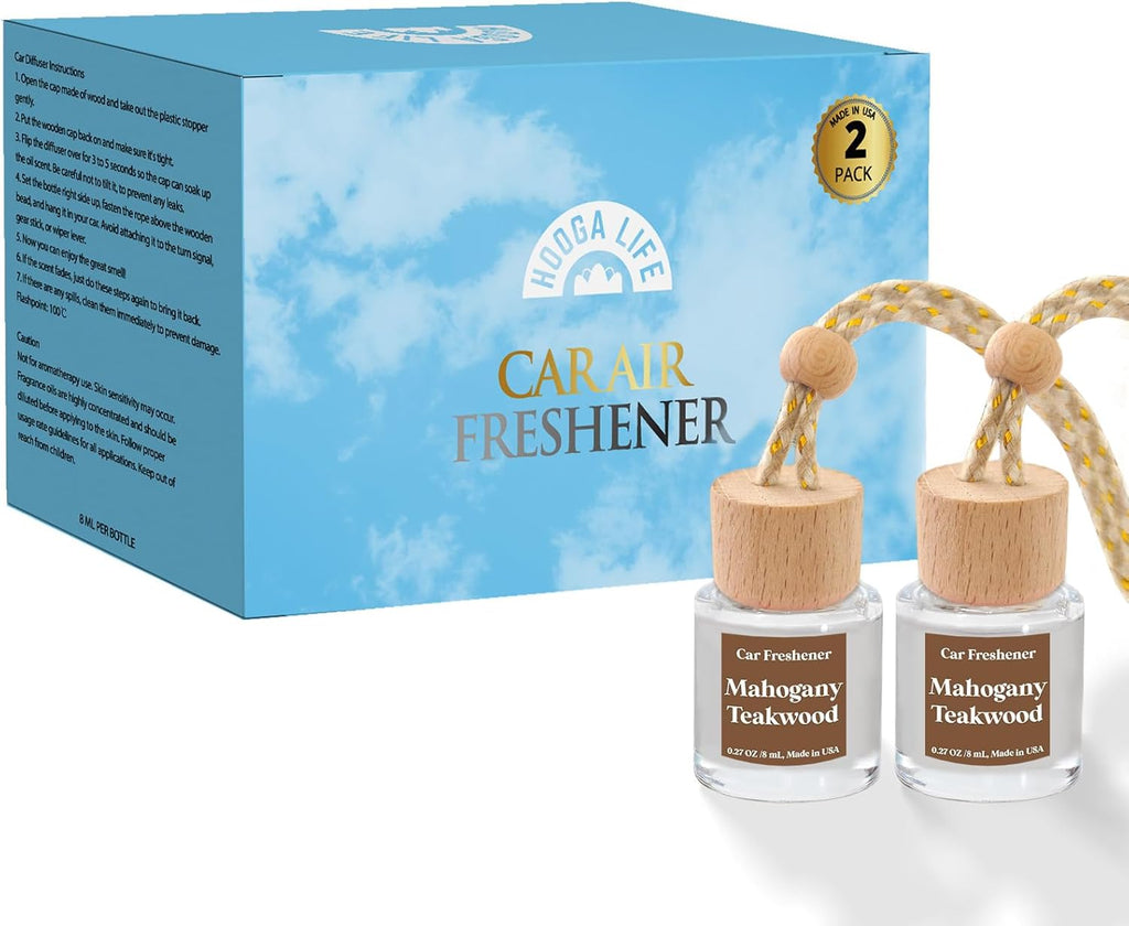 HoogaLife Car Air Freshener Diffuser 2 Pack Hanging Mahogany Teakwood Car Air Freshener for Women 45+ Days Long Lasting Fragrance Made in USA