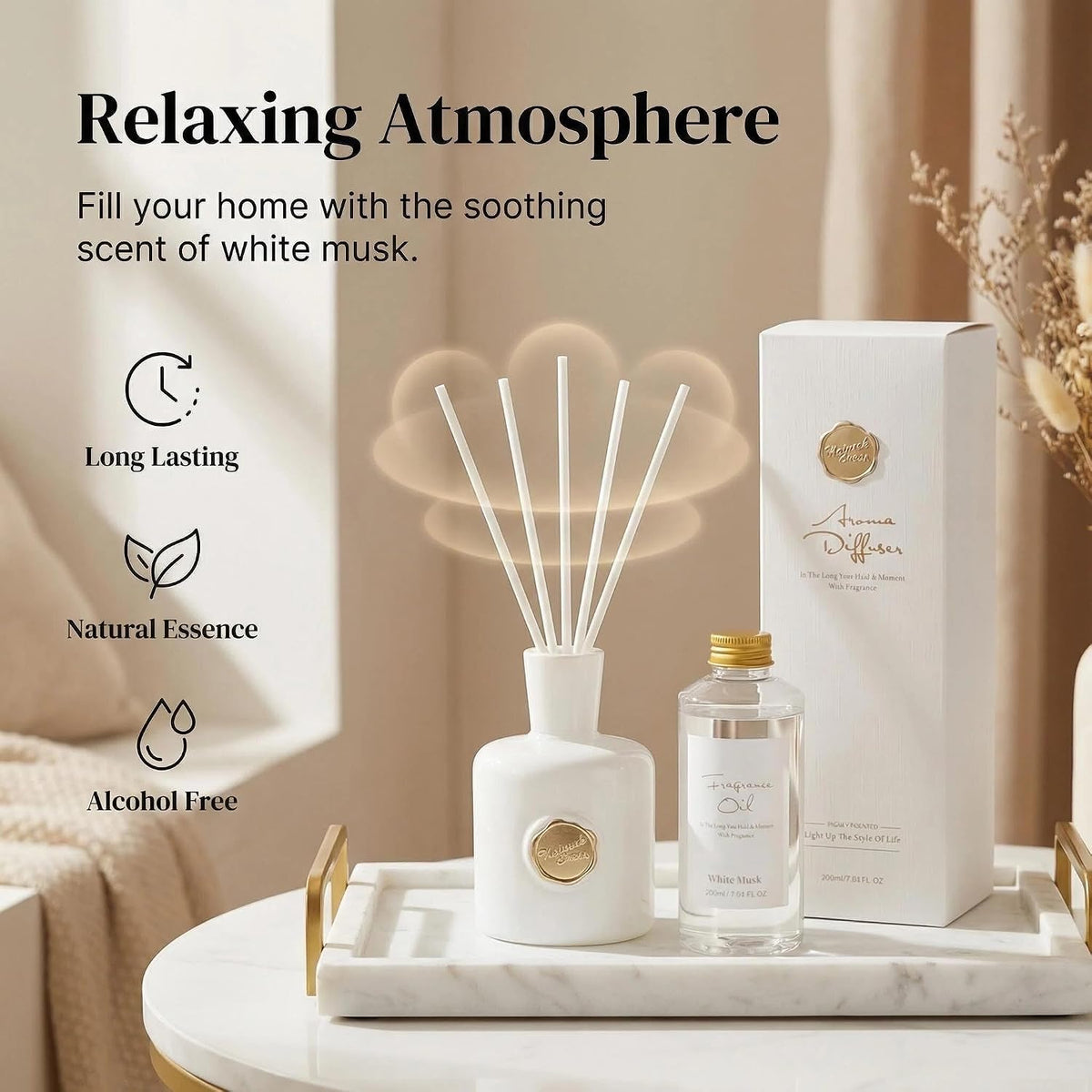 White Musk Reed Diffuser, Long Lasting Essential Oil Home Fragrance