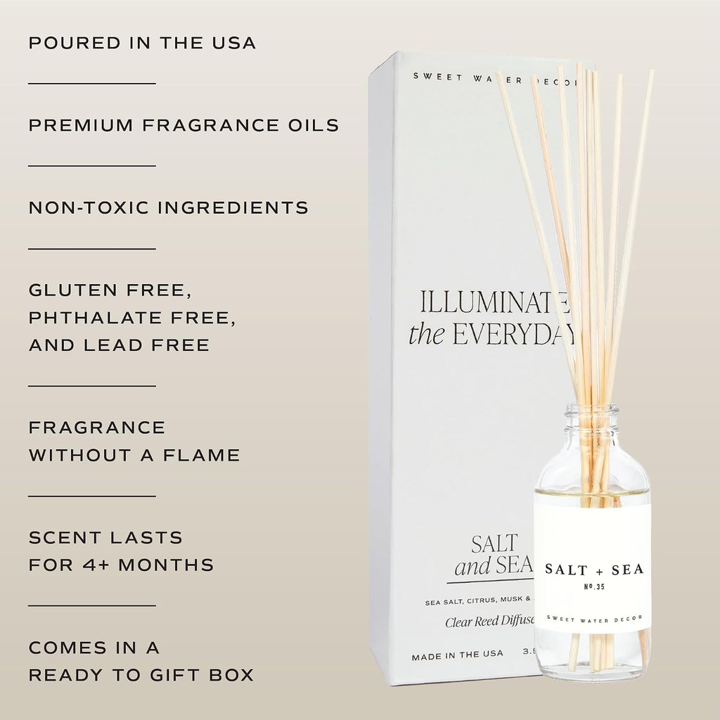 Sweet Water Decor Salt & Sea Reed Diffuser Set - Sea Salt Citrus & Musk Amber Scent Diffuser - Reed Diffusers for Home with Long Lasting Fragrance - Non-Toxic Oil Reed Diffuser - Made in the USA