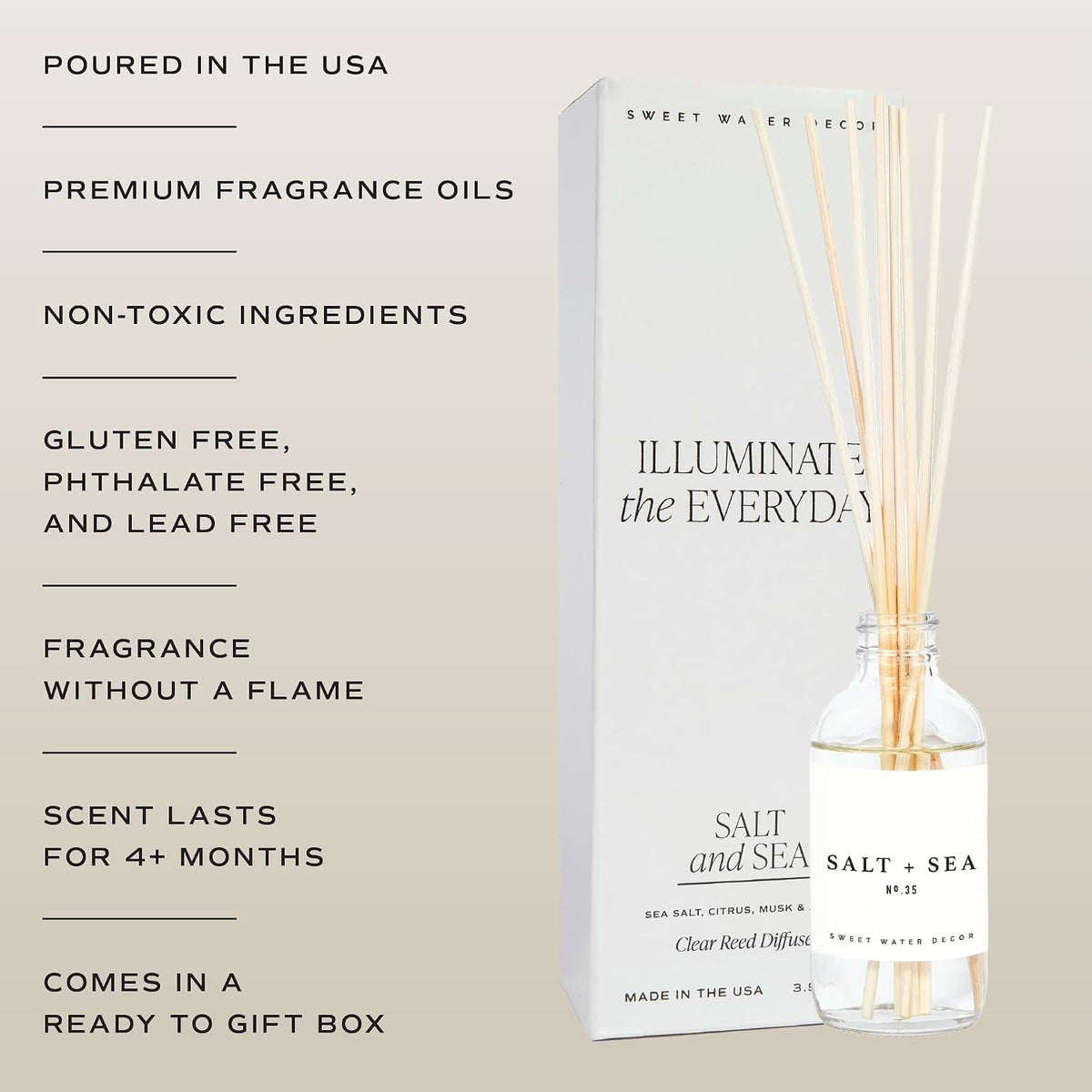 Sweet Water Decor Salt & Sea Reed Diffuser Set - Sea Salt Citrus & Musk Amber Scent Diffuser - Reed Diffusers for Home with Long Lasting Fragrance - Non-Toxic Oil Reed Diffuser - Made in the USA