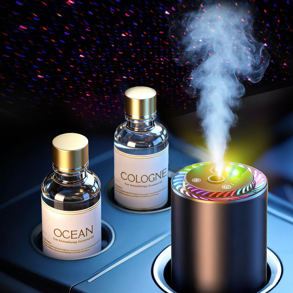 Smart Car Air Freshener with Star Light & 100ml Diffusers Oil Refills, Auto On/Off Aroma Diffuser, 3 Adjustable Mist Modes Rechargeable Aromatizante para Carro - Car Diffuser（Cologne+Ocean）