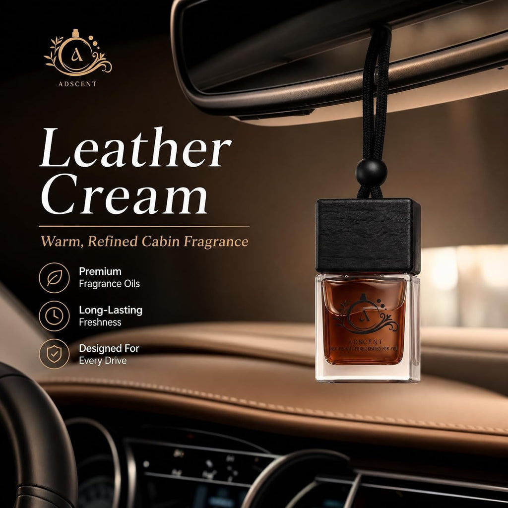 Leather Cream Luxury Car Air Freshener, Hanging Glass Bottle Diffuser, Leather + Vanilla Cream Fragrance, Long-Lasting Up to 45–60 Days, Made in Canada