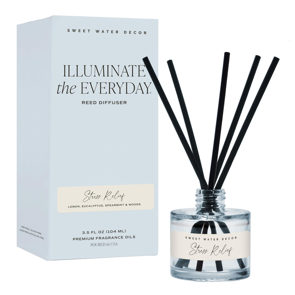 Sweet Water Decor Salt and Sea Reed Diffuser Set, Blue Tinted Glass Jar, Sea Salt Citrus and Musk Amber Scent, Long Lasting Fragrance, Non Toxic Oil Reed Diffuser for Home & Office, Poured in the USA