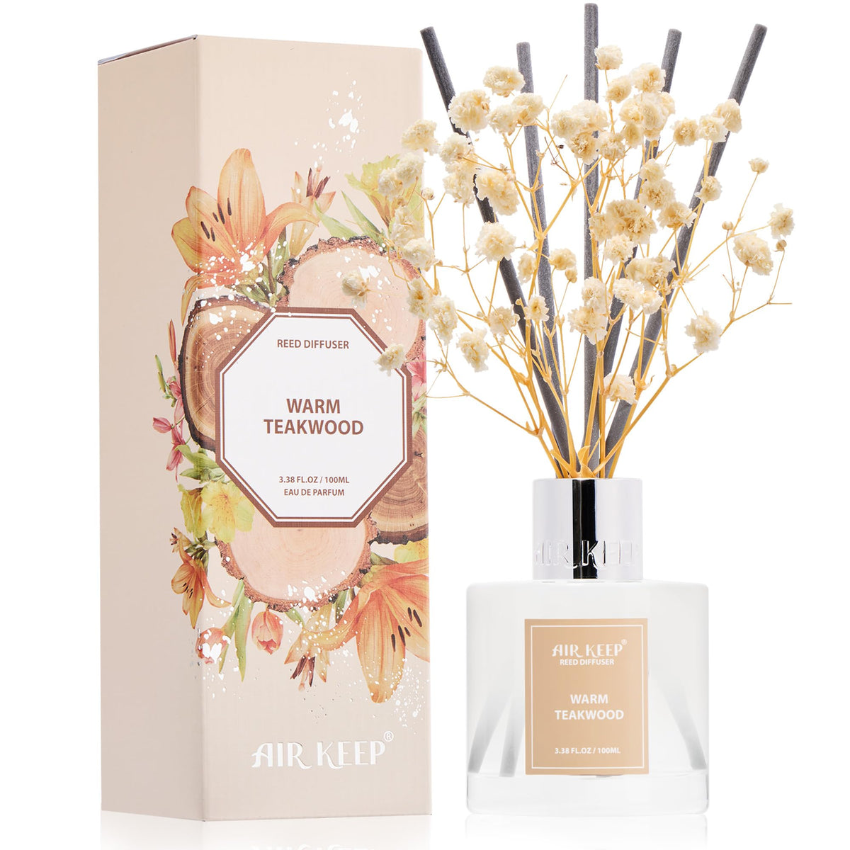 Airkeep Reed Diffuser Set,3.38 fl oz (100 ml) - Cinnamon Vanilla Oil Diffusers with 8 Reed Sticks, Home Fragrance Reed Diffuser for Bathroom Shelf Decor