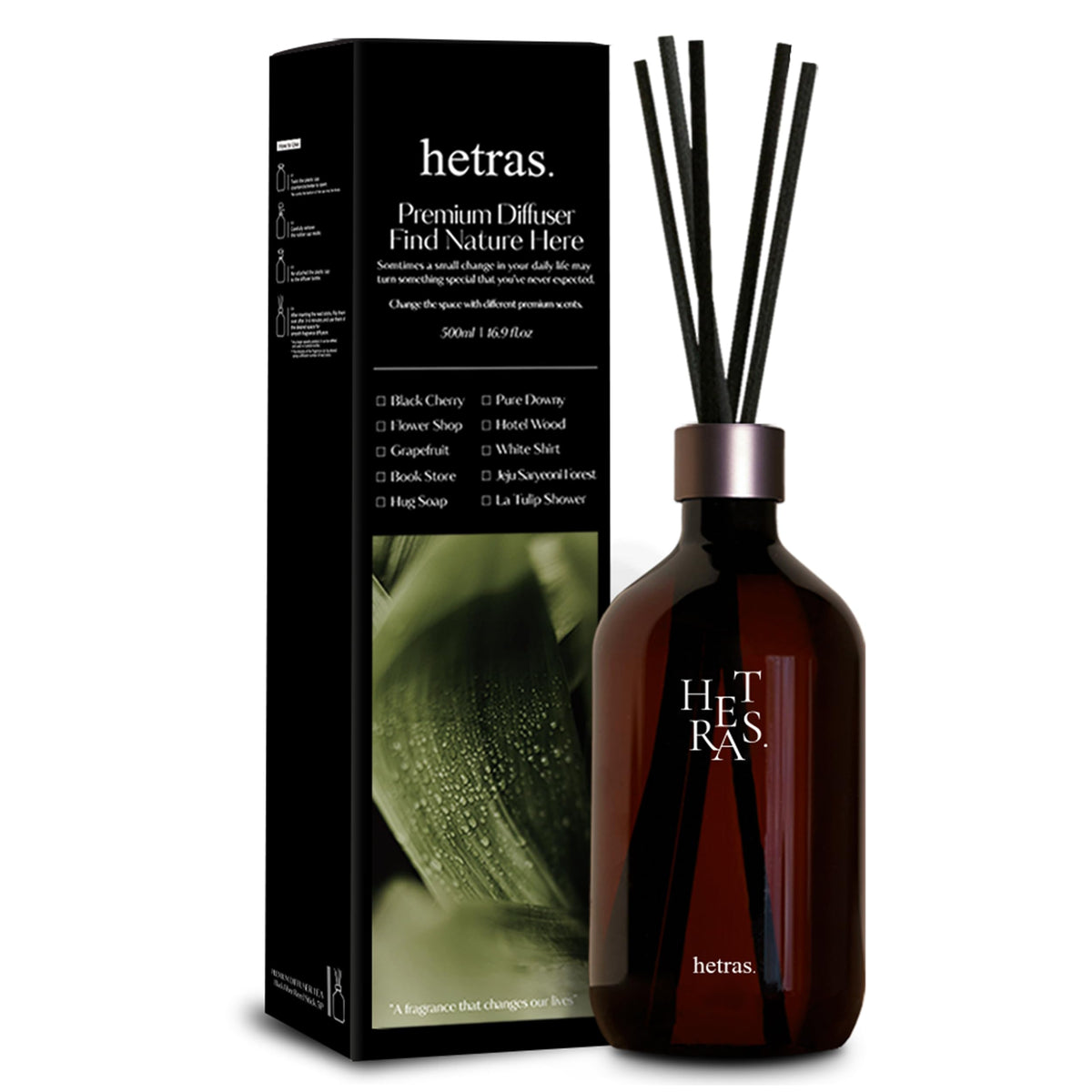 hetras Premium Reed Diffuser Set (Hotel Wood Scent)–Large Capacity Home Fragrance | 16.9 fl.oz (500ml), 1 Pack with 5 Reed Sticks | Warm Woody Aroma | Luxury Decor for Home, Office & Bathroom