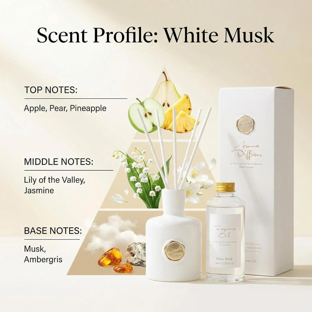 White Musk Reed Diffuser, Long Lasting Essential Oil Home Fragrance