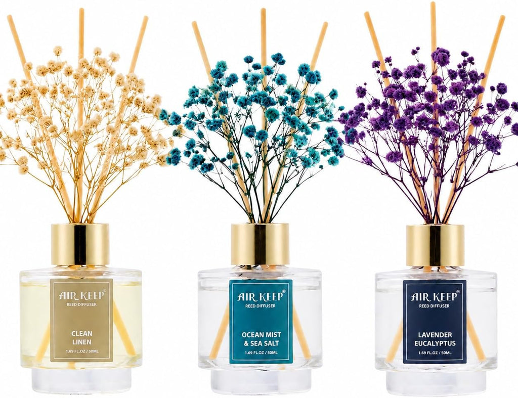 Airkeep Reed Diffuser Set of 3,Clean Linen Ocean Mist&Sea Salt Lavender Eucalyptus Oil Reed Diffusers for Bedroom Living Room Office Aromatherapy Oil Reed Diffuser for Gift 50ml x 3
